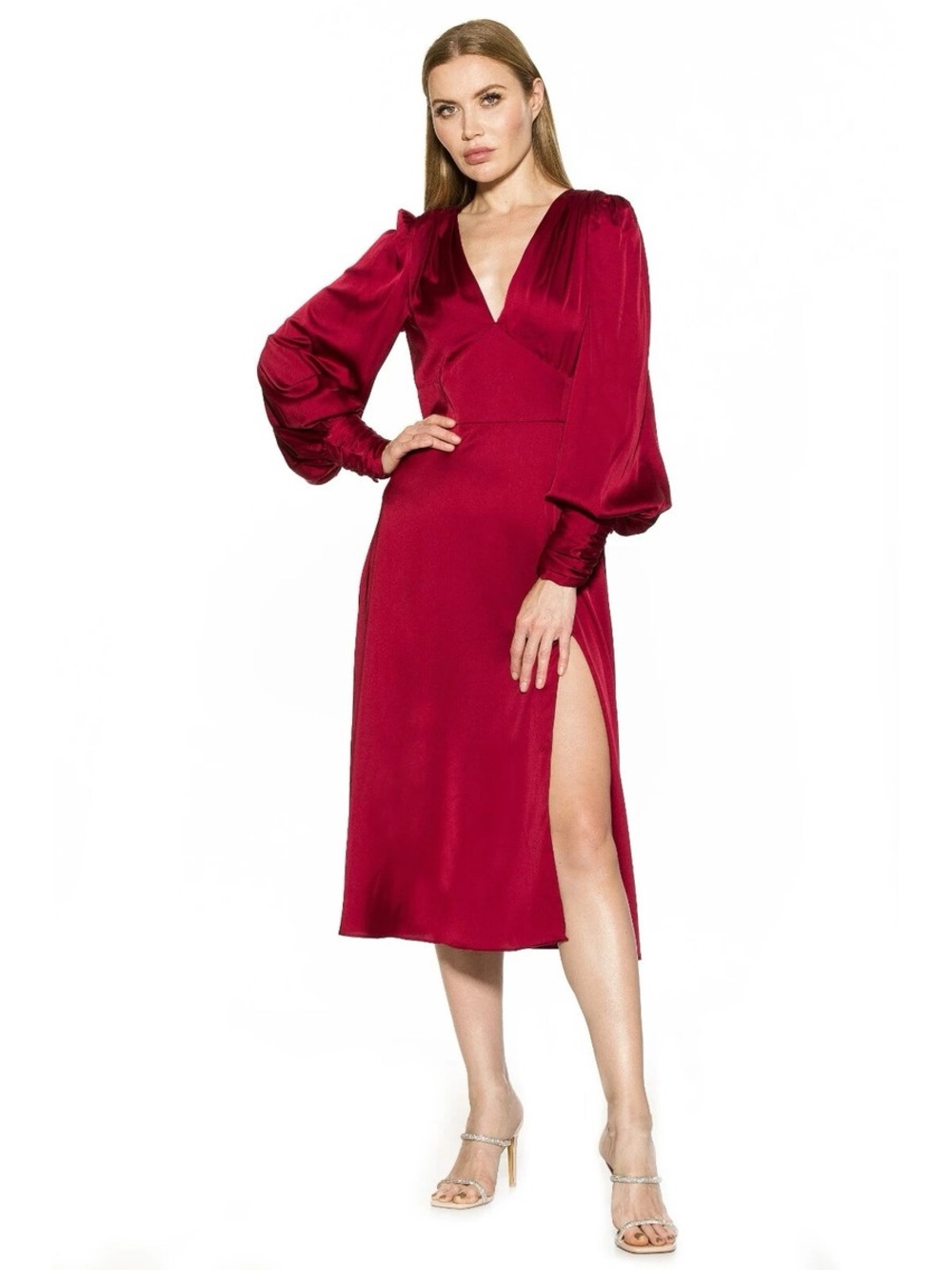 NWT ALEXIA ADMOR Elysa Long Bishop Sleeves V-Neck MIDI Dress- Size 6